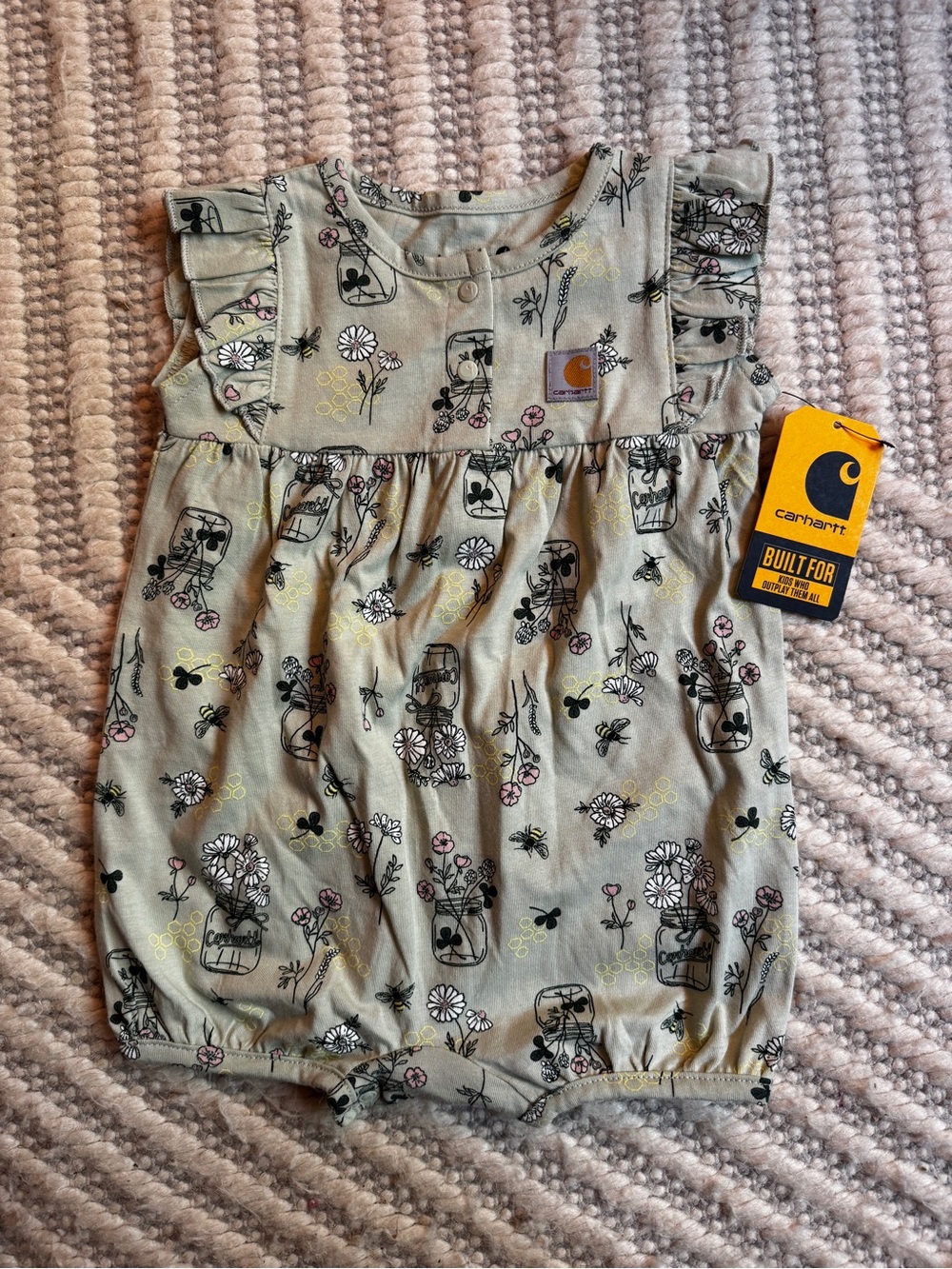Carhartt Sage Green Floral Baby Romper with Pink & Yellow Accents